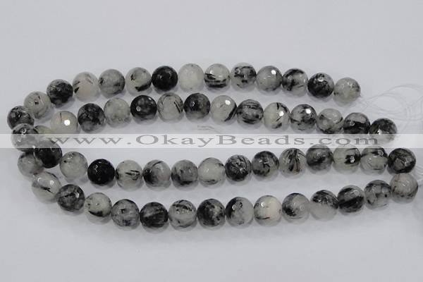 CRU60 15.5 inches 12mm faceted round black rutilated quartz beads