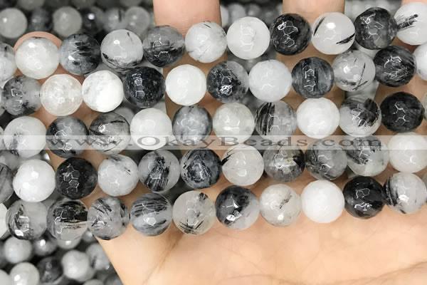 CRU959 15.5 inches 10mm faceted round black rutilated quartz beads