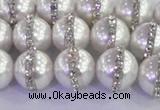 CSB1502 15.5 inches 10mm round shell pearl with rhinestone beads