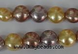 CSB186 15.5 inches 12mm flat round mixed color shell pearl beads