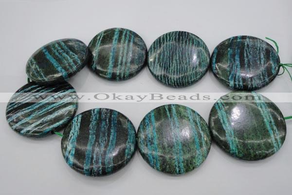 CSJ221 15.5 inches 50mm flat round dyed green silver line jasper beads