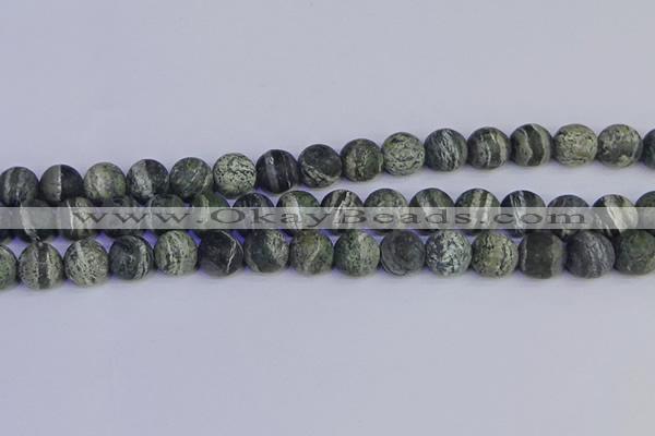 CSJ504 15.5 inches 12mm round matte green silver line jasper beads