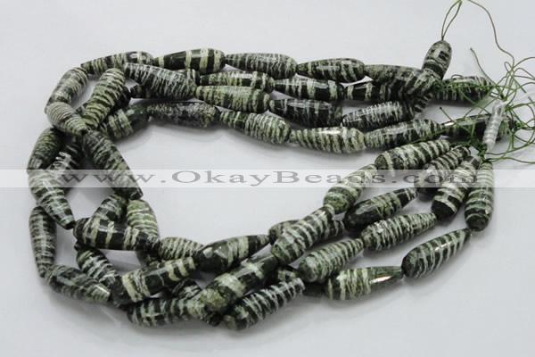 CSJ76 15.5 inches 10*30mm faceted teardrop green silver line jasper beads