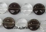 CSQ151 15.5 inches 15mm flat round white crystal & smoky quartz beads