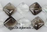 CSQ154 15.5 inches 14*14mm diamond white crystal & smoky quartz beads