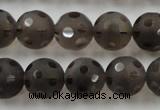 CSQ254 15.5 inches 14mm carved round matte smoky quartz beads