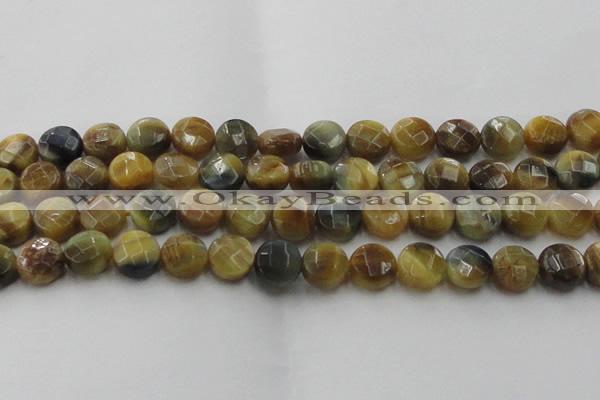 CTE1575 15.5 inches 14mm faceted coin golden & blue tiger eye beads