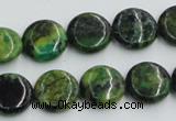 CTP08 15.5 inches 14mm flat round yellow green pine gemstone beads