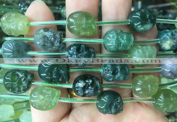 FGBS128 15 inches 12mm carved skull moss agate beads wholesale