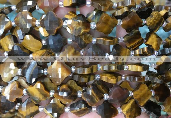 FGBS15 15 inches 12mm faceted Four leaf clover yellow tiger eye beads