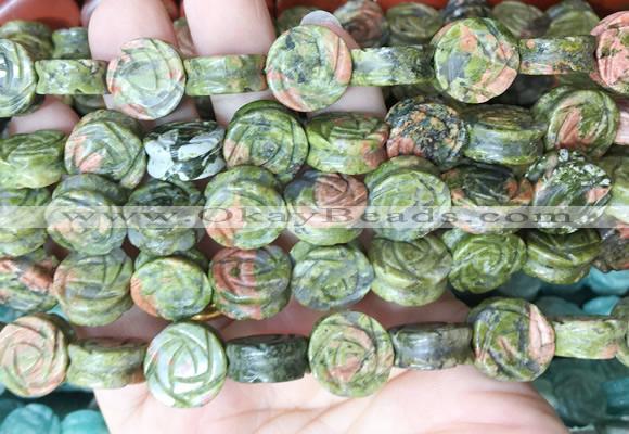 FGBS150 15 inches 14mm carved rose flower unakite beads