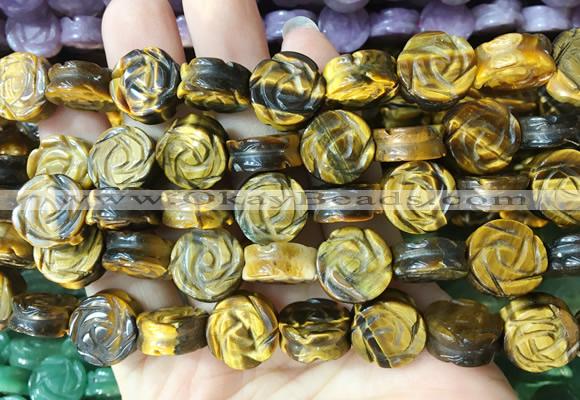 FGBS156 15 inches 14mm carved rose flower yellow tiger eye beads