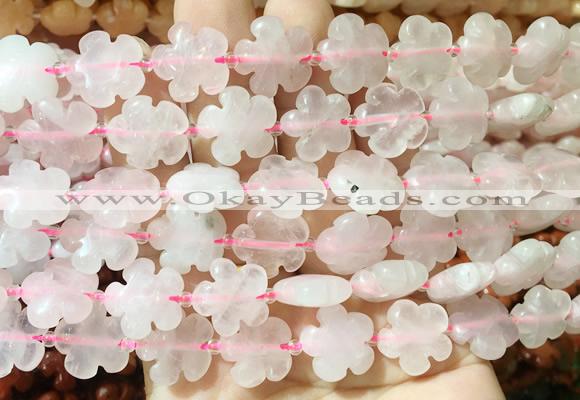 FGBS160 15 inches 15mm carved five petal flower rose quartz beads wholesale