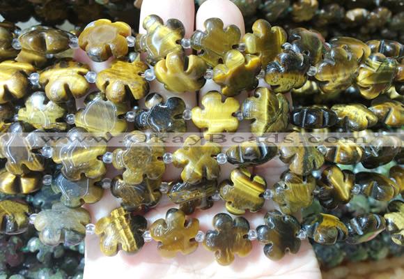 FGBS187 15 inches 15mm carved five petal flower yellow tiger eye beads wholesale