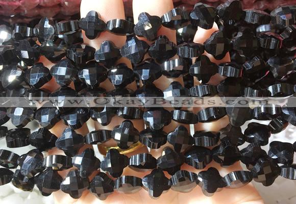 FGBS226 15 inches 10mm faceted four leaf clover black agate beads wholesale