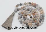 GMN1005 Hand-knotted 8mm, 10mm matte bamboo leaf agate 108 beads mala necklaces with tassel