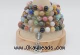 GMN1150 Hand-knotted 8mm, 10mm mixed gemstone 108 beads mala necklaces with charm