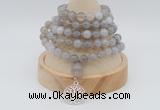 GMN1189 Hand-knotted 8mm, 10mm grey banded agate 108 beads mala necklaces with charm