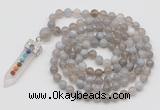 GMN1418 Hand-knotted 8mm, 10mm grey banded agate 108 beads mala necklace with pendant