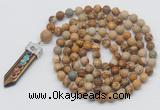 GMN1443 Hand-knotted 8mm, 10mm picture jasper 108 beads mala necklace with pendant