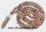 GMN1532 Hand-knotted 8mm, 10mm picasso jasper 108 beads mala necklace with pendant