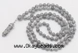 GMN1652 Hand-knotted 6mm grey picture jasper 108 beads mala necklaces with pendant