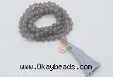 GMN1750 Knotted 8mm, 10mm grey agate 108 beads mala necklace with tassel & charm