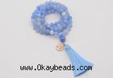 GMN1753 Knotted 8mm, 10mm blue banded agate 108 beads mala necklace with tassel & charm