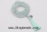 GMN1754 Knotted 8mm, 10mm sea blue banded agate 108 beads mala necklace with tassel & charm