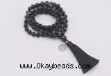 GMN1758 Knotted 8mm, 10mm black banded agate 108 beads mala necklace with tassel & charm