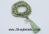 GMN1787 Knotted 8mm, 10mm China jade 108 beads mala necklace with tassel & charm