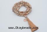 GMN1804 Knotted 8mm, 10mm sunstone 108 beads mala necklace with tassel & charm