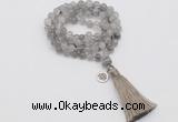 GMN1818 Knotted 8mm, 10mm cloudy quartz 108 beads mala necklace with tassel & charm