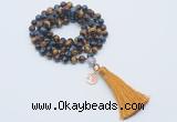 GMN1832 Knotted 8mm, 10mm colorful tiger eye 108 beads mala necklace with tassel & charm