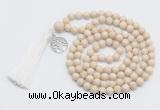 GMN1889 Knotted 8mm, 10mm white fossil jasper 108 beads mala necklace with tassel & charm