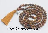 GMN1892 Knotted 8mm, 10mm red moss agate 108 beads mala necklace with tassel & charm