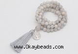 GMN2001 Knotted 8mm, 10mm matte white crazy agate 108 beads mala necklace with tassel & charm