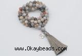 GMN2003 Knotted 8mm, 10mm matte bamboo leaf agate 108 beads mala necklace with tassel & charm