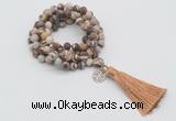 GMN2009 Knotted 8mm, 10mm matte zebra jasper 108 beads mala necklace with tassel & charm