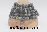 GMN2227 Hand-knotted 8mm, 10mm matte black water jasper 108 beads mala necklace with charm