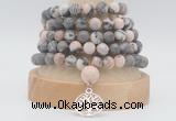 GMN2232 Hand-knotted 8mm, 10mm matte pink zebra jasper 108 beads mala necklaces with charm