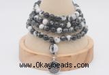 GMN2411 Hand-knotted 6mm black & white jasper 108 beads mala necklace with charm