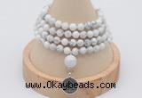 GMN2418 Hand-knotted 6mm white howlite 108 beads mala necklace with charm