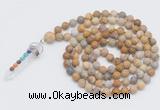 GMN2604 Hand-knotted 8mm, 10mm matte fossil coral 108 beads mala necklace with pendant