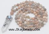 GMN2623 Hand-knotted 8mm, 10mm matte sunstone 108 beads mala necklace with pendant