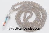 GMN2627 Knotted 8mm, 10mm matte grey agate 108 beads mala necklace with pendant