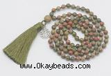 GMN303 Hand-knotted 6mm unakite 108 beads mala necklaces with tassel & charm