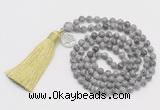 GMN313 Hand-knotted 6mm grey picture jasper 108 beads mala necklaces with tassel & charm