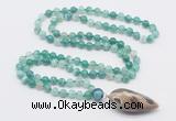 GMN4010 Hand-knotted 8mm, 10mm green banded agate 108 beads mala necklace with pendant