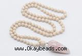 GMN4020 Hand-knotted 8mm, 10mm white fossil jasper 108 beads mala necklace with pendant